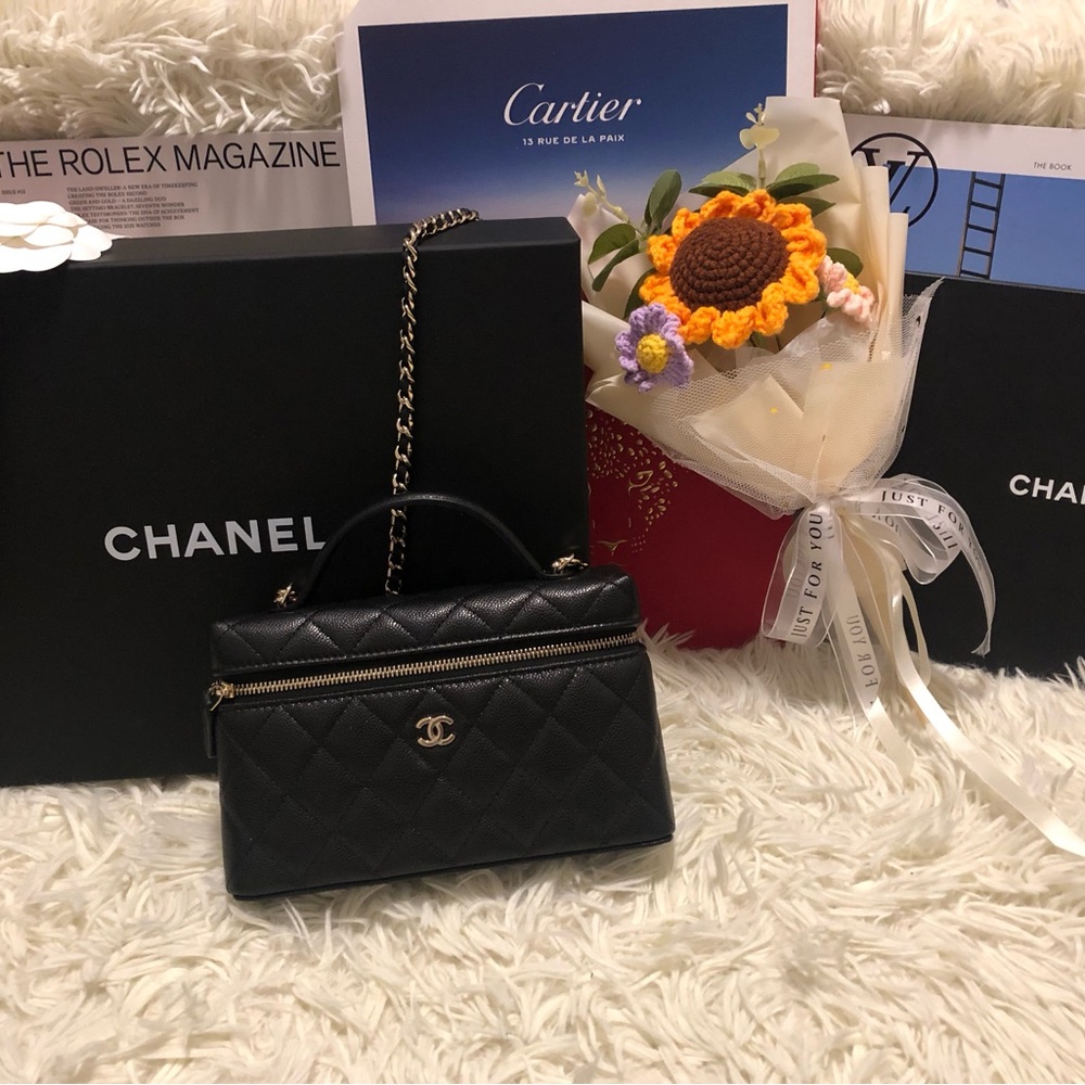 CHANEL Black Quilted Top-Handle Crossbody Bag with Gold Hardware